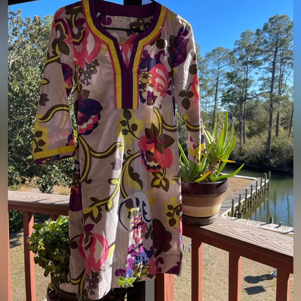 Boden Floral Tunic with Yellow Trim & Purple Detail Sz 4 Great Condition!